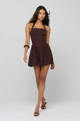 Sutton Mini Dress in Brown Linen