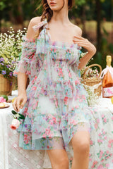 Beatrice Floral Ruffled Tulle Mini Dress in Blue