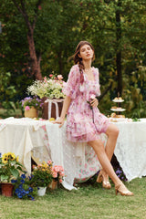 Beatrice Floral Ruffled Tulle Mini Dress in Pink