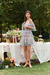 Beatrice Floral Ruffled Tulle Mini Dress in Blue